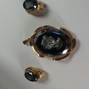 Vintage Reverse Intaglio Cameo Pendant Necklace Earrings Black Gold Mourning